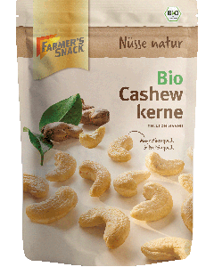 Freigestellte Verpackung von Bio Cashewkernen 150g mit Farmer's Snack Logo und Bio-Siegel