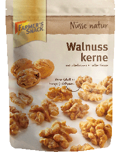 Freigestellte Verpackung von Walnusskernen 120g mit Farmer's Snack Logo und Vegan-Kennzeichnung.