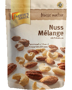 Freigestellte Verpackung von Nuss Mélange mit Pekannuss 150g mit Farmer's Snack Logo