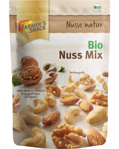 Freigestellte Verpackung von Bio Nuss Mix 150g mit Farmer's Snack Logo und Bio-Siegel