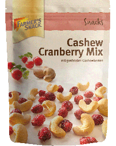Freigestellte Verpackung von Cashew Cranberry Mix 175g mit Farmer's Snack Logo und Vegan-Kennzeichnung