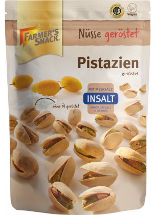 Freestanding packaging for InSalt pistachios in shell, 150 g, with Farmer's Snack logo, vegan label and DLG logo.
