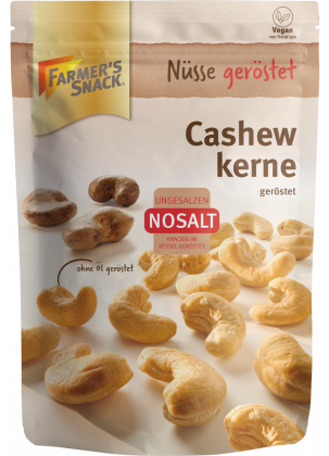Freestanding packaging for NoSalt 150g cashew nuts with Farmer's Snack logo, Nosalt logo and vegan seal