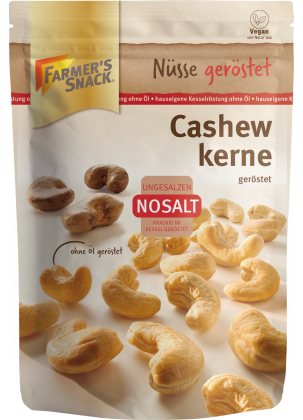 Opakowanie orzechów nerkowca NoSalt 150 g z logo Farmer's Snack, logo Nosalt i wegańską pieczęcią