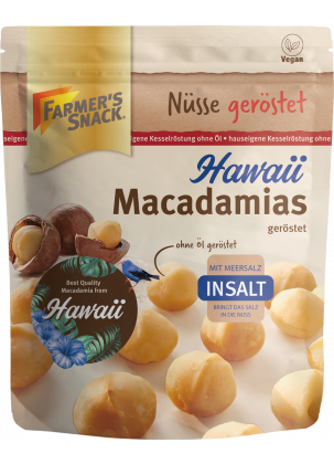 Opakowanie prażonych makadamii hawajskich InSalt z logo Farmer's Snack, wegańskie etykietowanie