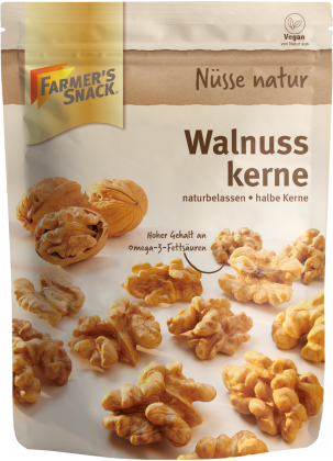 Opakowanie orzechów włoskich 120 g z logo Farmer's Snack i etykietą wegańską.