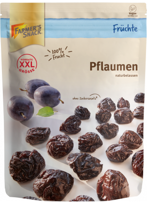 Opakowanie suszonych śliwek 500g z logo Farmer's Snack, XXL i etykietą wegańską