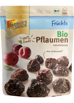 Opakowanie suszonych śliwek ekologicznych 150 g z logo Farmer's Snack, etykietą wegańską i ekologiczną