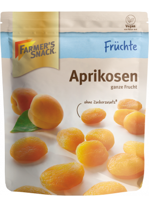 Opakowanie suszonych moreli 150 g z logo Farmer's Snack, bez dodatku cukru i z etykietą wegańską