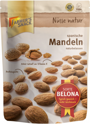 Opakowanie naturalnych hiszpańskich migdałów 200 g z logo Farmer's Snack, oznaczeniem odmian wegańskich i Belona oraz logo DLG
