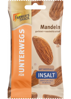 Freigestellte Verpackung von Unterwegs-Verpackungen geröstete Mandeln mit InSalt-Logo