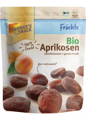 Opakowanie suszonych moreli ekologicznych 150 g z logo Farmer's Snack, pieczęcią ekologiczną i etykietą wegańską