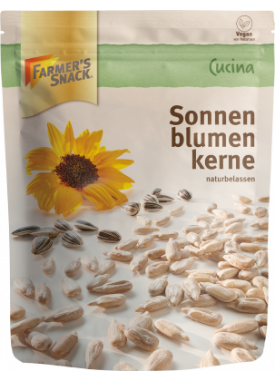Opakowanie nasion słonecznika 250 g z logo Farmer's Snack i etykietą wegańską