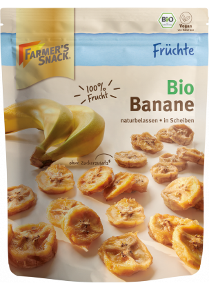 Opakowanie suszonych bananów ekologicznych 150 g z logo Farmer's Snack, pieczęcią ekologiczną i etykietą wegańską