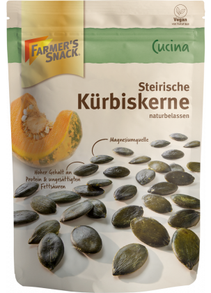 Opakowanie pestek dyni styryjskiej 200 g z logo Farmer's Snack i etykietą wegańską