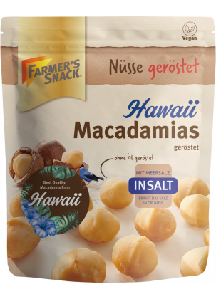 Freestanding packaging for roasted Hawaiian macadamias InSalt with Farmer's Snack logo, vegan label