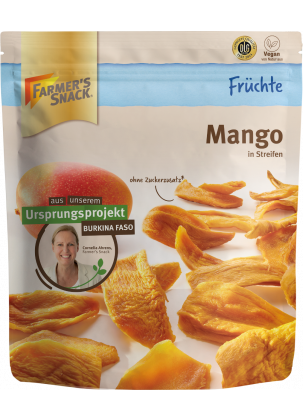 Opakowanie Mango 100 g z logo Farmer's Snack, logo DLG, etykietą wegańską i informacją o pochodzeniu