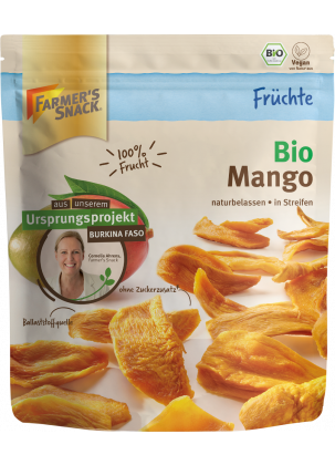 Freestanding packaging for organic mangoes, 100 g, with Farmer's Snack logo, vegan and certified organic with origin project label