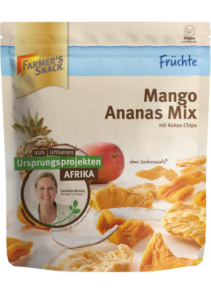 Freestanding packaging for mango pineapple mix 130g with Farmer's Snack logo, display card with Origin Project Africa and vegan label.