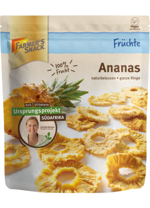 Freestanding packaging for pineapple 120g with Farmer's Snack logo, vegan label and origin project insert.