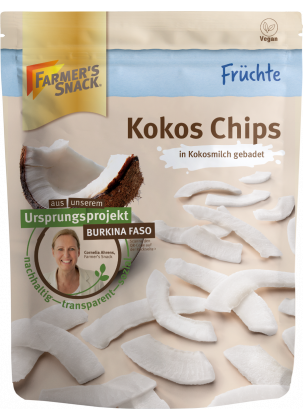 Exempted packaging of coconut chips 100g with Farmer's Snack logo and vegan labeling