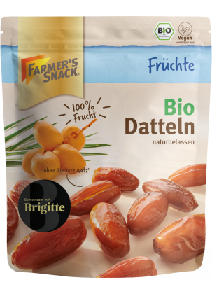 Opakowanie suszonych daktyli ekologicznych 130 g z logo Farmer's Snack, pieczęcią ekologiczną i etykietą wegańską