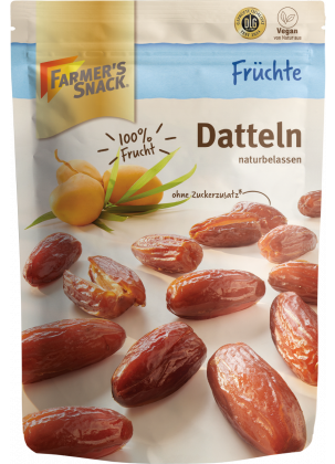 Opakowanie suszonych daktyli 200 g z logo Farmer's Snack, logo DLG i etykietą wegańską
