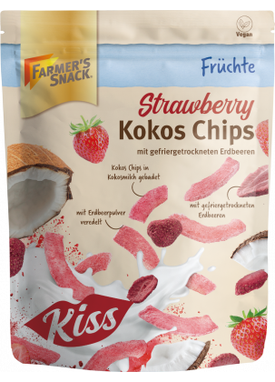 Zwolnienie opakowań chipsów kokosowych Strawberry Coconut Chips z liofilizowanymi truskawkami z etykietą wegańską