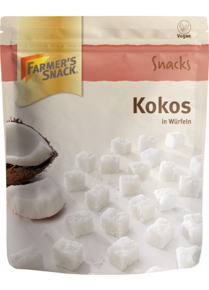Opakowanie kokosa w kostkach 100 g z logo Farmer's Snack i etykietą wegańską