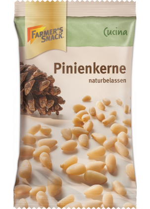 Freestanding packaging of pine nuts 30g with Farmer's Snack logo