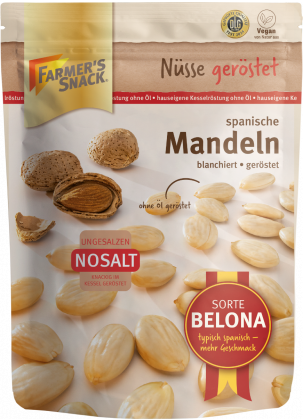 Freestanding packaging for Spanish NoSalt blanched almonds, 200 g, with Farmer's Snack logo, DLG logo, NoSalt logo and Belona variety divider.