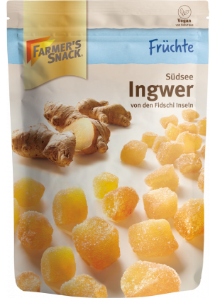 Opakowanie imbiru 200 g z logo Farmer's Snack i etykietą wegańską