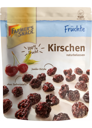 Zwolnione opakowania naturalnych wiśni z logo Farmer's Snack i wegańskim oznakowaniem