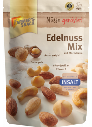 Freestanding packaging for Edelnuss Mix InSalt with macadamia nuts, 150 g, with Farmer's Snack logo, vegan label, Insalt and DLG logos