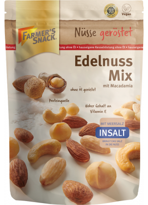 Opakowanie Szlachetna mieszanka orzechów InSalt z makadamią 150 g z logo Farmer's Snack, etykietą wegańską, logo Insalt i DLG