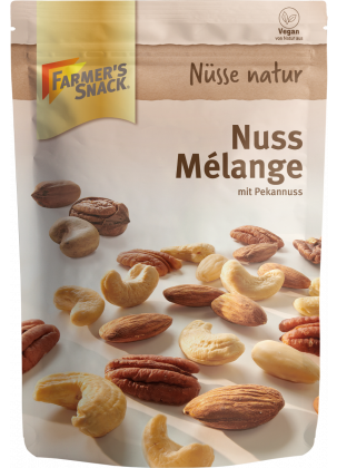 Freestanding packaging for nut mélange with pecans, 150 g, with Farmer's Snack logo and vegan label
