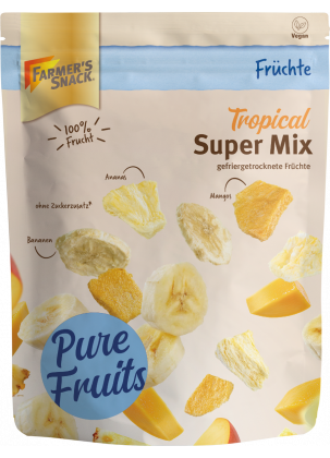 Liofilizowane mango, ananas i banan w super mieszance w wolnostojącym opakowaniu z etykietą 100% owocową i wegańską oraz logo Farmer's Snack.