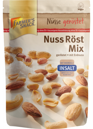 Opakowanie Nuss Röst Mix InSalt z orzeszkami ziemnymi 150 g z logo Farmer's Snack, logo Insalt i etykietą wegańską.