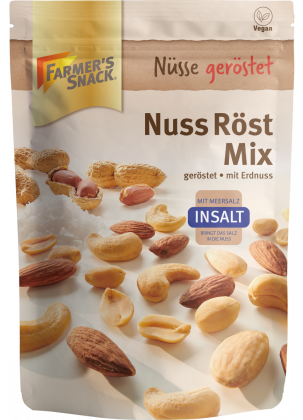 Freestanding packaging for Nuss Röst Mix InSalt with peanuts, 150 g, with Farmer's Snack logo, Insalt logo and vegan label.