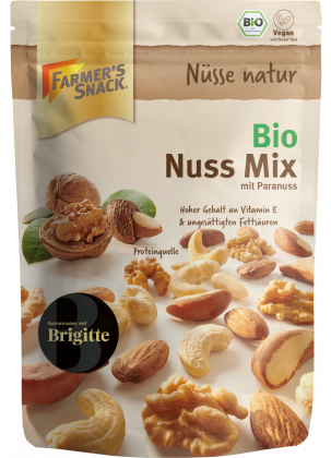 Freestanding packaging for Organic Nut Mix 150g with Farmer's Snack logo, vegan label and organic seal