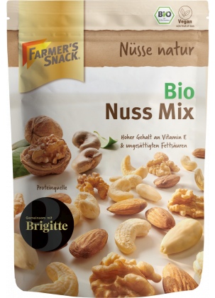 Opakowanie Organic Nut Mix 150 g z logo Farmer's Snack, etykietą wegańską i pieczęcią ekologiczną