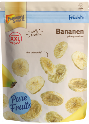 Liofilizowane plasterki banana w wolnostojącym opakowaniu z etykietą XXL, w 100% owocowe i wegańskie.