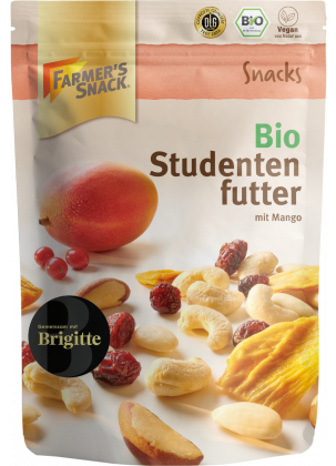 Freestanding packaging for organic trail mix with mango 150g with Farmer's Snack logo, organic seal, DLG logo and vegan label