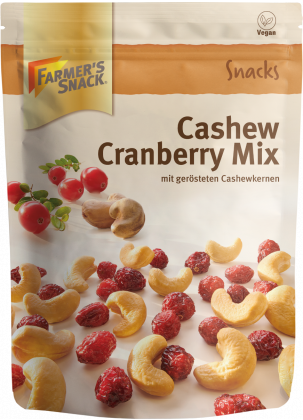 Freestanding packaging for Cashew Cranberry Mix 175g with Farmer's Snack logo and vegan label
