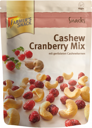 Opakowanie Mieszanka nerkowców z żurawiną 175 g z logo Farmer's Snack i etykietą wegańską