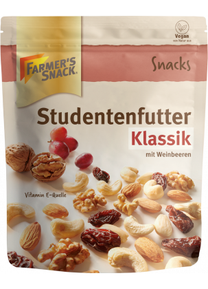 Opakowanie klasycznej mieszanki szlaków, prażone 125 g z logo Farmer's Snack i etykietą wegańską