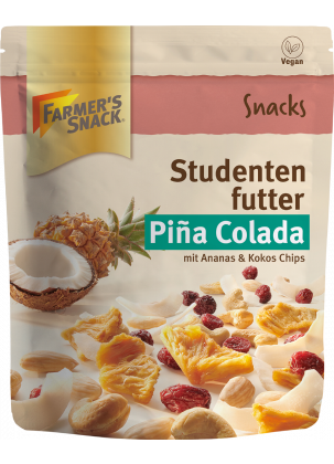 Opakowanie mieszanki szlaków Piña Colada 100 g z logo Farmer's Snack i etykietą wegańską