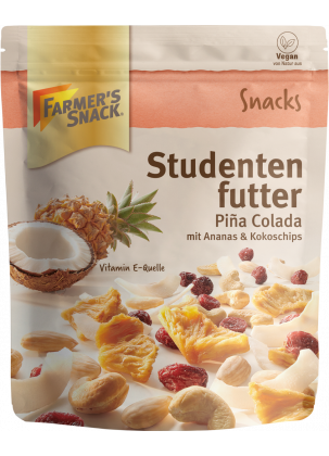 Freestanding packaging for Piña Colada trail mix 150g with Farmer's Snack logo and vegan label