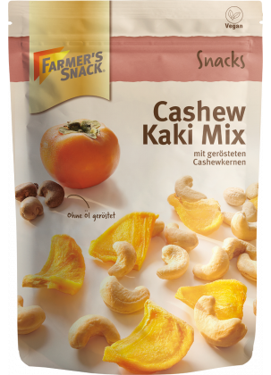 Opakowanie Mieszanka nerkowców z kaki 150 g z logo Farmer's Snack i etykietą wegańską
