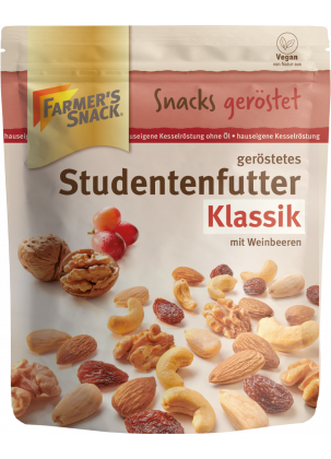 Opakowanie klasycznej mieszanki szlaków, prażone 125 g z logo Farmer's Snack, nowym dżemem i wegańską etykietą